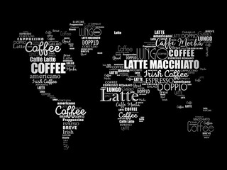 Coffee drinks word cloud in shape of World Map, concept background