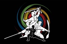 Kung Fu, Wushu With Swords, Group Of People Pose Kung Fu Fighting Action Graphic Vector.