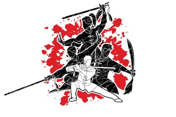 Wall Mural - Kung Fu, Wushu with swords, Group of people pose kung fu fighting action graphic vector.