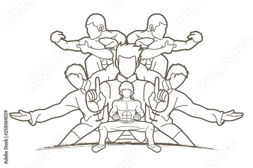 Dekoracja na wymiar  grupa-ludzi-poza-kung-fu-walki-wektor-graficzny-akcji