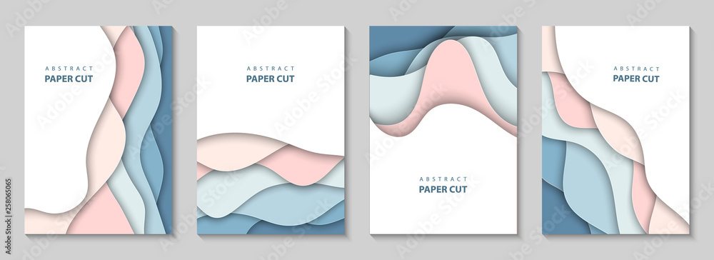 Vector vertical flyers with colorful paper cut waves shapes. 3D abstract paper style, design layout for business presentations, flyers, posters, prints, decoration, cards, brochure cover, banners. - obrazy, fototapety, plakaty 