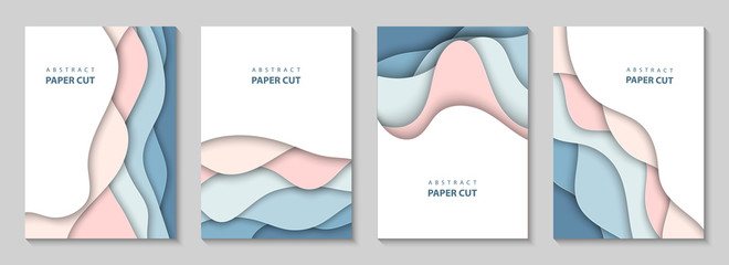 vector vertical flyers with colorful paper cut waves shapes. 3d abstract paper style, design layout 