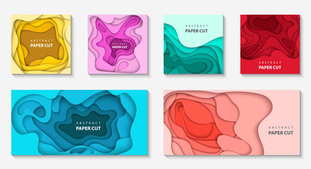 Poster - Vector set of 6 backgrounds with different colors paper cut shapes. 3D abstract paper art style, design layout for business presentations, flyers, posters, prints, decoration, cards, brochure cover.