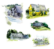 Rural Houses. Village. Watercolor Hand Drawn Illustrations