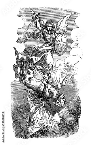 Fotomural Vintage antique illustration and line drawing or engraving of biblical Archangel Michael fighting and defeating Satan as dragon