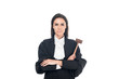 © LIGHTFIELD STUDIOS - Judge in judicial robe holding gavel and standing with folded arms isolated on white
