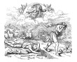 Vintage antique illustration and line drawing or engraving of biblical Cain who murdered his brother Abel. Genesis 4:1-18.