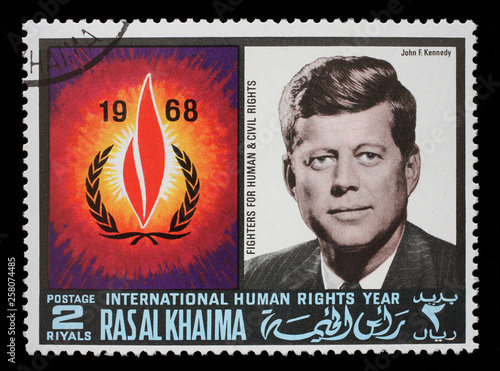 Cuadros en Lienzo Stamp issued in the Ras al Khaimah shows John F