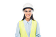 © LIGHTFIELD STUDIOS - Front view of smiling engineer in hardhat and safety vest isolated on white