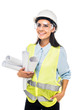 © LIGHTFIELD STUDIOS - Engineer in hardhat and goggles holding blueprints isolated on white