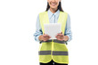 © LIGHTFIELD STUDIOS - Cropped view of engineer in safety vest using digital tablet isolated on white