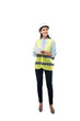 © LIGHTFIELD STUDIOS - Full length view of dreamy engineer in safety vest using digital tablet isolated on white
