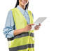 © LIGHTFIELD STUDIOS - Cropped view of engineer in safety vest using digital tablet isolated on white