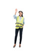 © LIGHTFIELD STUDIOS - Full length view of smiling engineer in safety vest waving hand isolated on white