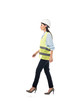 © LIGHTFIELD STUDIOS - Side view of engineer in safety vest and high-heeled shoes walking isolated on white