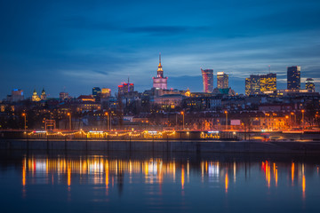 Panorama of skyscrapers in the center of Warsaw at night, Poland