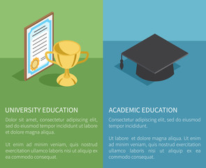 University and academic education template vector illustration. Golden trophy prize near paper award and black student hat above text