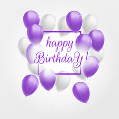 Wall Mural - Happy birthday card with violet and white balloons