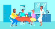 Happy Family Having Breakfast Housewife Serving Food To Her Husband And Children Sitting At Dinning Table Modern Kitchen Interior Cartoon Characters Full Length Flat Horizontal