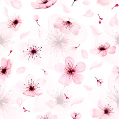 Seamless pattern with watercolor sakura branches hand painted. illustration on white background.