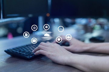 Wall Mural - close up programmer man hand typing on keyboard for transfer or synch data upload and download from 