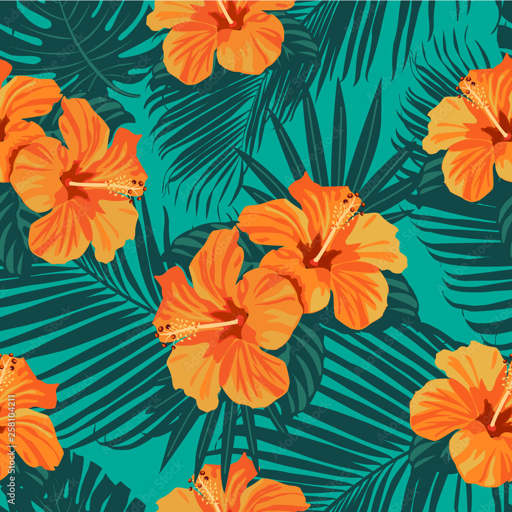 Tropical flowers and palm leaves on background. Seamless. Vector pattern. - obrazy, fototapety, plakaty 