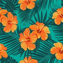 Tropical Flowers And Palm Leaves On Background. Seamless. Vector Pattern.