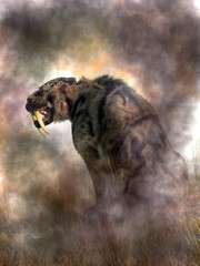 Aufkleber - A shaggy saber-toothed cat with a coat pattern resembling that of a cloud leopard shows you his wicked teeth in profile as he looks over his shoulder while sitting in a patch of grass. 3D Rendering 