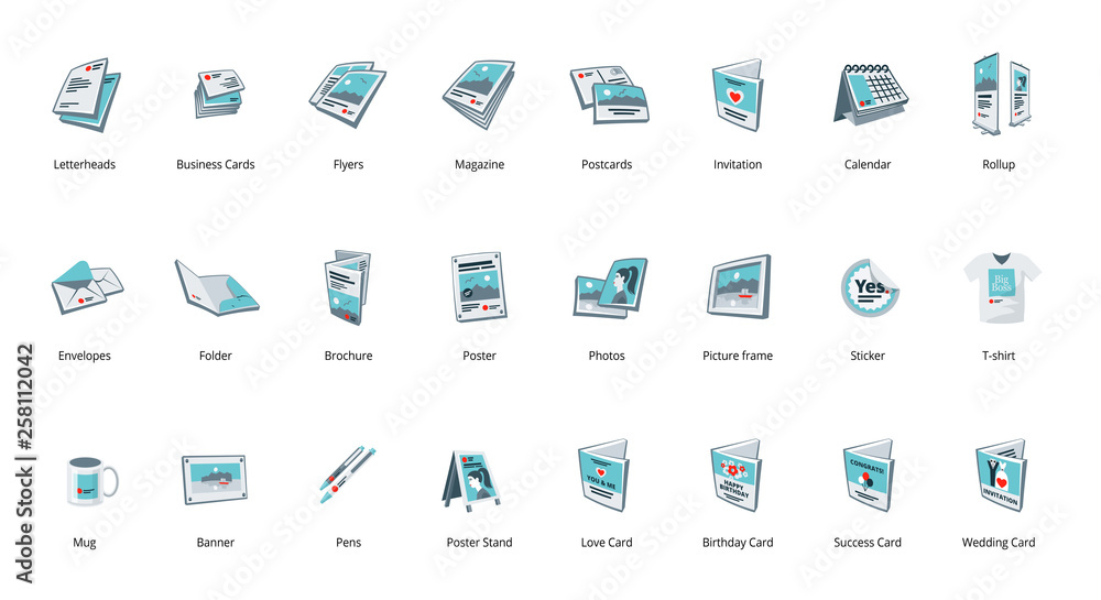Set of vector printout icons. Brochure, business card, flyer, magazine, postcard, poster, banner, rollup, sticker, mug, folder, other printing shop products. Promotion print advertising materials.  - obrazy, fototapety, plakaty 