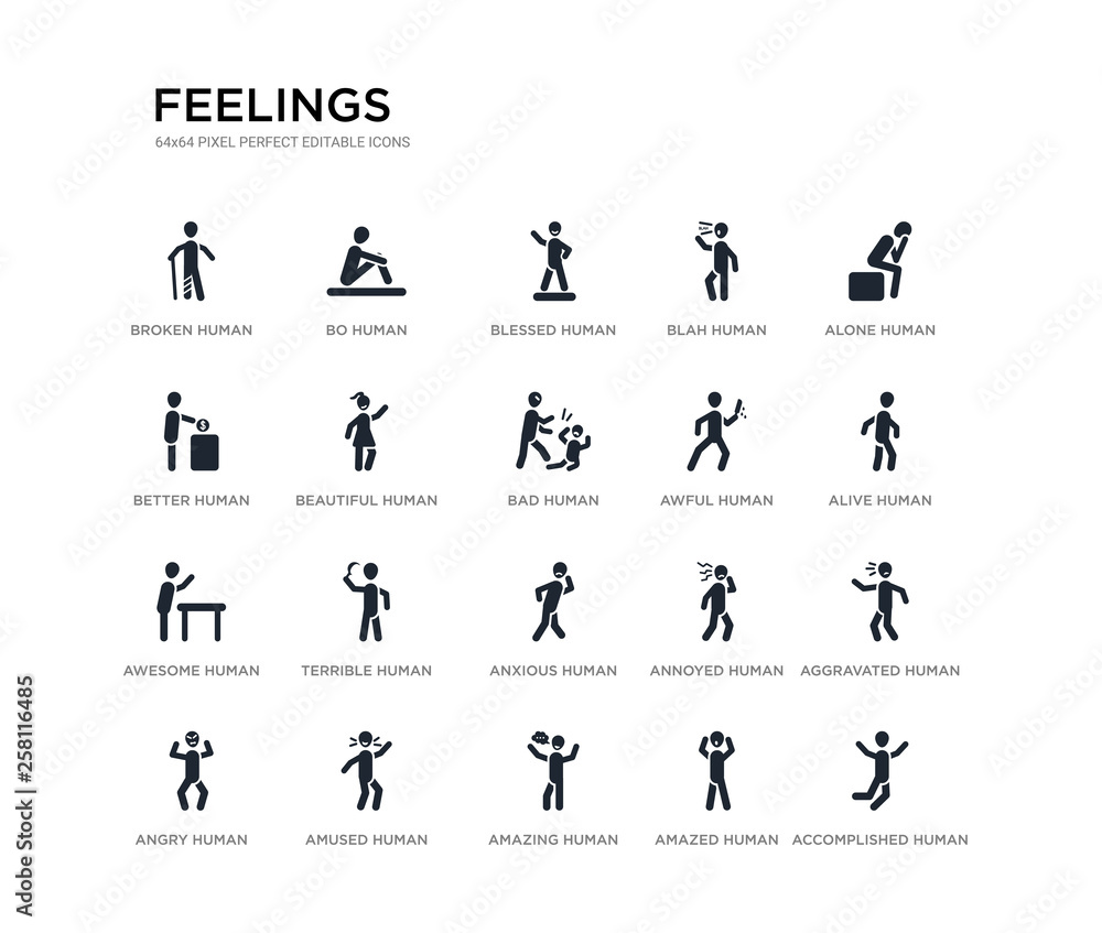 set of 20 black filled vector icons such as accomplished human ...