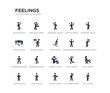 set of 20 black filled vector icons such as chill human, cold human, comfortable human, confident confused content drunk ecstatic emotional energized feelings black icons collection. editable pixel