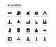set of 20 black filled vector icons such as pisa tower, fuji mountain, notre dame, brooklyn bridge, big ben, world trade center, washington monument, lincoln memorial, space, toilet side view.