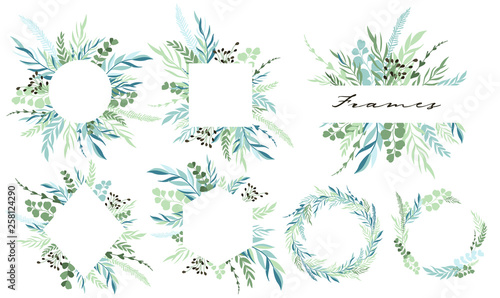 Set of leaf frames and wreath with botanical elements. Vector