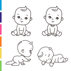 Cute little boy icon set. Coloring page of outline  stickers of little baby boy in pajamas, diaper. Child sleeping, sitting, crawling. Emblem of kid health. Vector monochrome illustration.