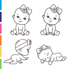 Wall Mural - cute little girl icon set. coloring page of outline stickers of little baby girl in pink pajamas, bo