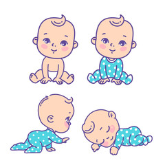 cute little boy icon set. collection of vector stickers of little baby boy in blue pajamas, diaper. 