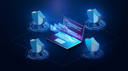 Leinwandbilder - Isometric personal data protection web banner concept. Cyber security and privacy. Network digital technology concept. Security vector icon. Vector isolated illustration. The future of data security.