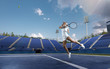 Beautiful female tennis player serving outdoor on professional tennis court.