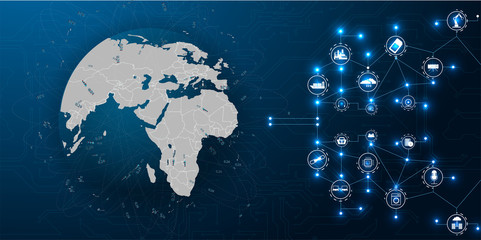 Fototapete -  Internet of things (IoT) and networking concept for connected devices. Spider web of network connections with on a futuristic blue background. Innovation sign. Digital design concept. IoT hologram