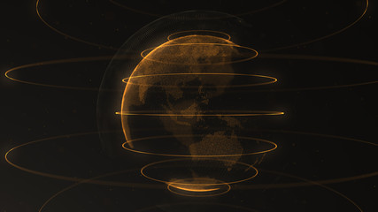 Wall Mural - abstract particle. golden, orange planet inside the veilted loop, created of dots. total black dackd