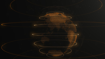 Wall Mural - abstract particle. golden, orange planet inside the veilted loop, created of dots. total black dackd