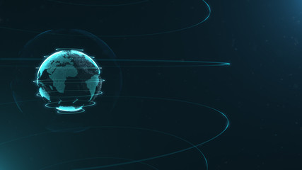 Wall Mural - Futuristic sphere of dots. Globalization interface. Sense of science and technology abstract graphics. 3D rendering. Azure blue loops around sphere.