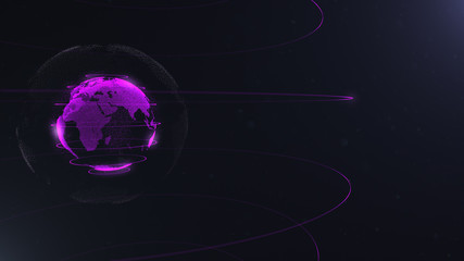 Wall Mural - Abstract particle. Violet planet inside the white veilted one, created of dots. Total black dackdrop. Little white dots on the background. Sphere. Planet is situated on the left side.