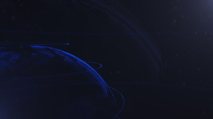 Wall Mural - Abstract sphere. Connected navy blue dots with lines. Globalization interface. Crop photo. Planet is situated on the left corner.