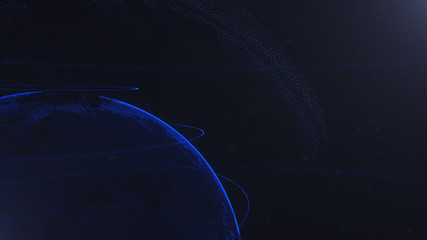 Wall Mural - Abstract sphere. Crop photo. Connected navy blue dots with lines. Globalization interface. Planet is situated on the left corner.