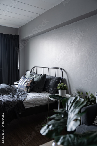 Scandinavian Style Gray Bedroom In Natural Light Scene