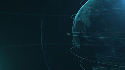 Wall Mural - Abstract sphere. Crop photo. Connected azure blue dots with lines. Globalization interface. Planet is situated on the right side.