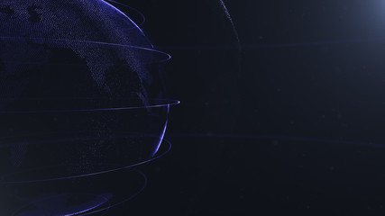 Wall Mural - Abstract sphere. Crop photo. Connected navy blue dots with lines. Globalization interface. Planet is situated on the left side.