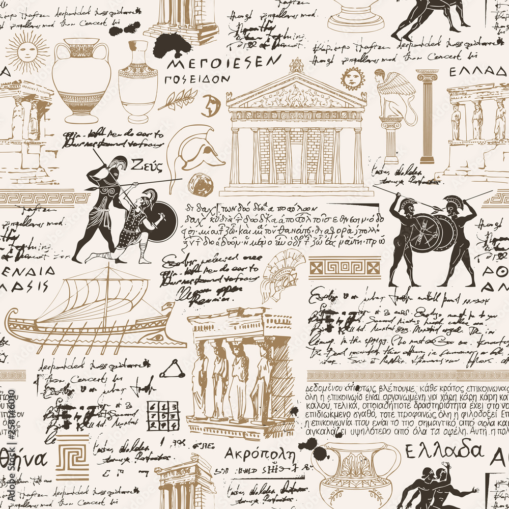 Vector seamless pattern on the theme of ancient Greece. Antique manuscript with sketches, illegible handwritten texts, blots and spots in retro style. Can be used as wallpaper or wrapping paper - obrazy, fototapety, plakaty 