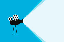 Retro Cinema Camera On Blue Background Template For Banner Other Things.